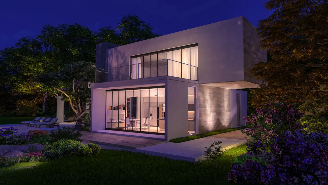 a house with a garden and trees