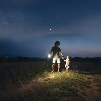 a man and child holding hands with a flashlight