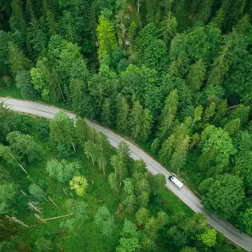 an rv driving on a road through a forest