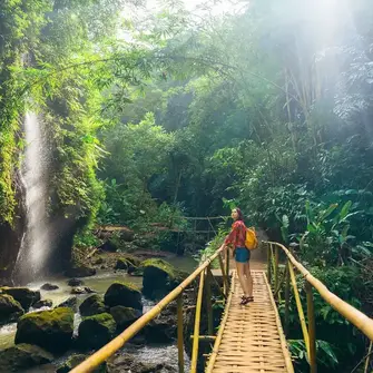 a woman standing on a bridge over a stream